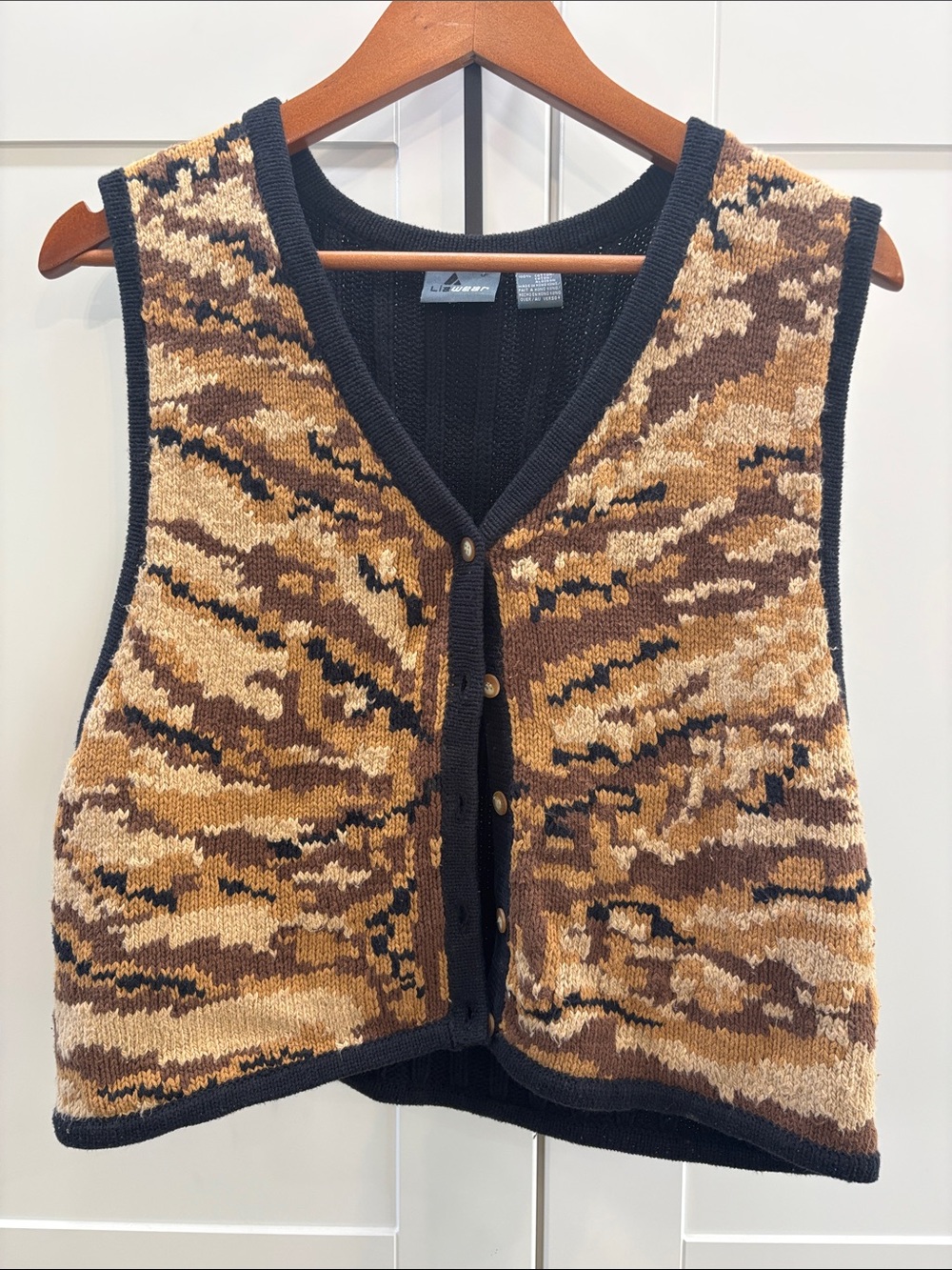 100% Cotton Knit V-Neck Vest - Brown Multi